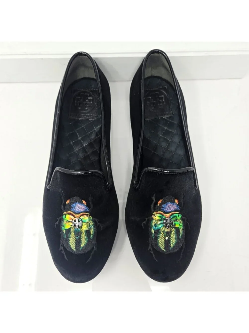 TORY BURCH Easton Black Velvet Slipper Loafer Flats embroidered beetle logo 7 M - Picture 5 of 10